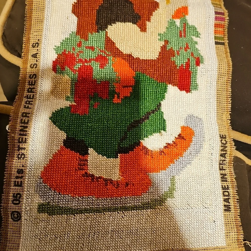 VINTAGE handmade Tapestry Rabbit Embroidery Baby Room Needlepoint Bunny Decor